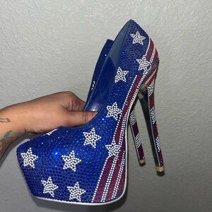Vintage Sheikh Patriotic red, white, and blue platform heels with a 7" heel